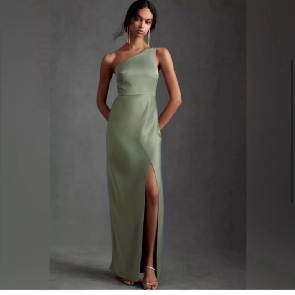 BHLDN Anthropologie Dylan One Shoulder Satin Side Slit Gown Green NEW Size 6 - Picture 11 of 13